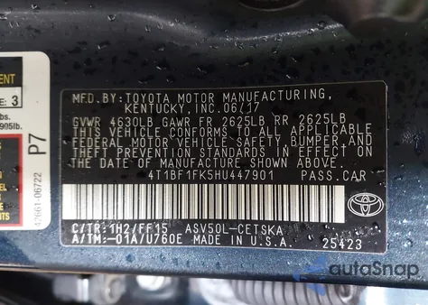 2017 Toyota Camry Se from USA, damaged, VIN 4T1BF1FK5HU447901